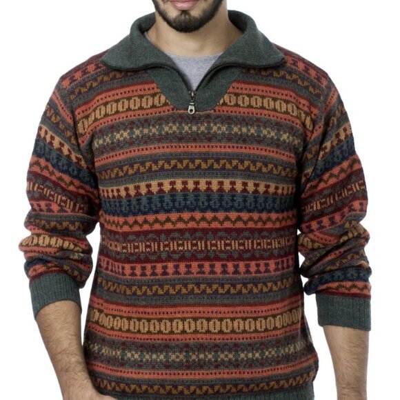 Novica Mountain Sunset Fair Isle Alpaca Art Knit Peru Pullover Sweater Nordic XL - Picture 2 of 15